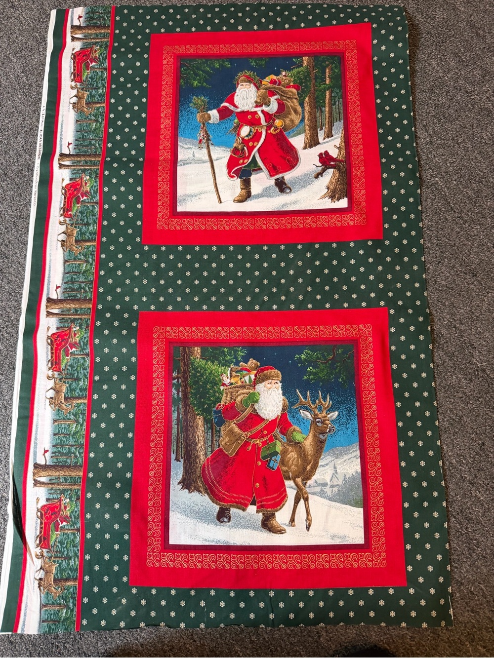 Holiday Santa Panel Fabric - Green and Red Christmas Print